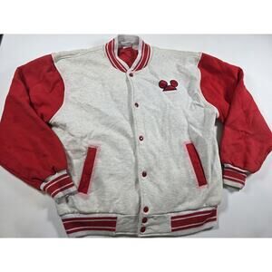 Vintage Mickey & Co Jacket Mens Large Gray Red Snap Front Embroidered Varsity